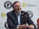 Hall of Fame goaltender Patrick Roy smiles as he announces his return to Quebec Remparts as general manager and head coach on April 26, 2018 in Quebec City. 