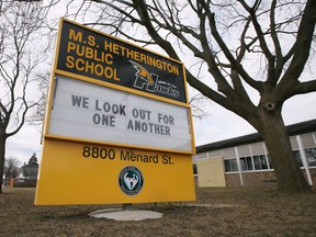 The exterior of the MS Hetherington Public School in Windsor is pictured on Friday, January 14, 2022.