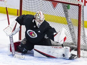 Matt Murray, shown here during practice last week, is one of three goalkeepers with the Senators for the road trip.  Whether Murray starts Monday in Edmonton, or whether he's Filip Gustavsson, is a decision still to be made by head coach DJ Smith and goalkeeping coach Zac Bierk.