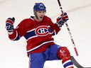 Canadiens' Mathieu Darche celebrates his match against the New York Islanders in Montreal on December 13, 2011.      