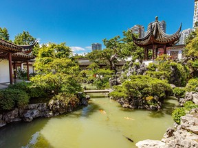 Visitors can stroll through winding paths and delicate foliage at the Dr. Sun Yat-Sen Classical Chinese Garden in Chinatown.