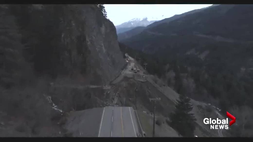 Click to play video: 'Aerial video shows extent of damage along Highway 1 in Jackass Mountain'