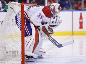 Montreal Canadiens goalkeeper Sam Montembeault reacts after allowing a goal against the Florida Panthers during the third period on January 1, 2022, in Sunrise, Florida.
