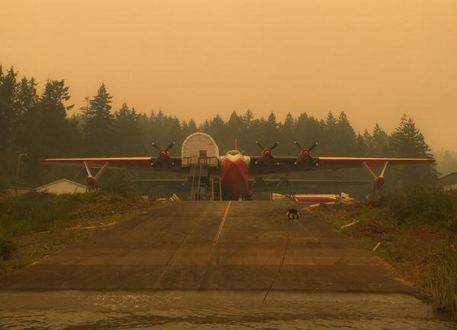 One of two remaining Martin Mars water bombers in British Columbia sits idle in Port Alberni as a fire burns nearby on July 5, 2015.