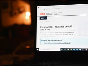 The employment insurance section of the Government of Canada website is displayed on a laptop.