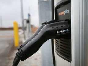 An electric vehicle charging station is shown on Howard Avenue near Highway 3 on Thursday, January 13, 2022.