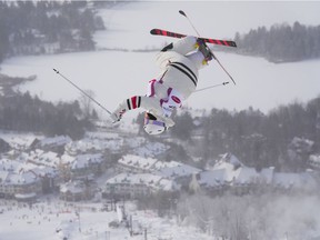 Canadian Chloé Dufour-Lapointe competes in qualifying for a World Cup freestyle ski moguls event in Mont-Tremblant on January 7, 2022.