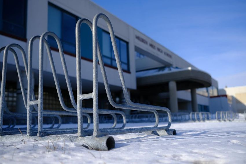Bike racks are empty at Milliken Mills High School in Markham as Ontario schools were forced to switch to remote learning in early January.  In-person classes resume on Monday.