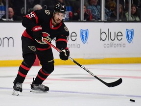 Ottawa Senators defender Michael Del Zotto (15) passes the puck against the Los Angeles Kings during the third period at Staples Center.