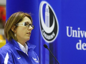 Danièle Sauvageau speaks at a press conference at the Université de Montréal in 2008 to announce the creation of a girls' hockey team at the school.