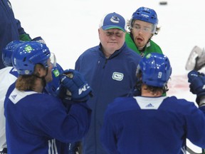 Newly appointed Vancouver Canucks head coach Bruce Boudreau in action during a practice session at Rogers Arena in Vancouver BC., December 2021.