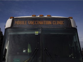 The provincial GO-VAXX Bus sits outside the Tecumseh Arena and Recreation Complex on Tuesday, January 11, 2022.