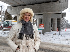 “Normally, when you build a new project, it should increase the use of public transport and meet the needs of commuters.  In this case, the REM de l'Est does none of those things,” says urban planning and transit expert Florence Junca-Adenot, seen at one of the REM's support columns in Deux-Montagnes on Friday, February 4. of 2022.