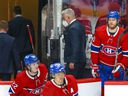 Montreal Canadiens head coach Dominique Ducharme steps off the team's bench for the last time following the team's 7-1 loss to the New Jersey Devils in Montreal on Feb. 8, 2022.