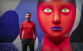 Swiss artist Nicolas Party with one of his painted sculptures at the Montreal Museum of Fine Arts.