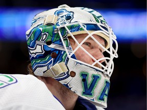 Thatcher Demko #35 of the Vancouver Canucks looks on during the second period against the Seattle Kraken at Climate Pledge Arena on January 01, 2022 in Seattle.