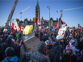 OTTAWA -- Thousands gathered in the downtown core for a protest in connection with the Freedom Convoy that made their way from various locations across Canada and landed in Ottawa, Saturday February 5, 2022. 



ASHLEY FRASER, POSTMEDIA