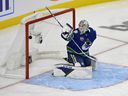 Thatcher Demko of the Vancouver Canucks misses the puck during the Save Streak during the 2022 NHL All-Star Skills at T-Mobile Arena on Feb. 4, in Las Vegas, Nevada.