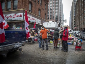 Food stations with bbq's and hot soup and various other food items were set up throughout the protest area, including at the intersection of Bank and Slater streets on Sunday.