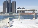 WINDSOR, ONTARIO:.  FEBRUARY 6, 2022 - A broken rail at the rear of the Riverfront Plaza where a pick-up crashed through, is seen on Sunday, February 6, 2022.