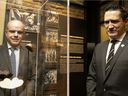 Quebec Environment and Anti-Racism Minister Benoit Charette, right, listens as he told the story of a small gift given to Fania Fainer for her 20th birthday while a prisoner at the Auschwitz concentration camp.  Museum director Daniel Amar, left, looks on, in Montreal, on Friday, Feb. 4, 2022.
