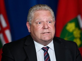 Ontario Premier Doug Ford holds a press conference regarding the plan for Ontario to open up at Queen’s Park during the COVID-19 pandemic in Toronto, on May 20, 2021.
