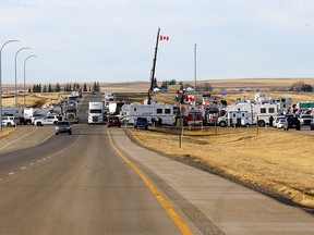 The roadblock on Highway 4 outside of Milk River heading towards the Coutts border crossing as protesters continue to slow down traffic but still keep a lane open in both directions on Tuesday, February 8, 2022.