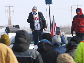 Calgary’s Artur Pawlowski joins the rally as authorities dealt with a new roadblock on Highway 4 and 501 outside of Milk River heading towards the Coutts border crossing. Protesters were letting trucks through on one lane on Thursday, February 3, 2022.