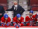 Canadiens head coach Dominique Ducharme watches the last minute of a 7-1 loss to the New Jersey Devils Tuesday night at the Bell Center.
