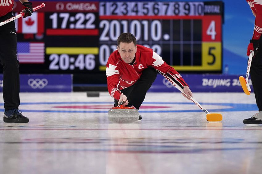 Canada's Brad Gushue throws a rock during the men's curling bronze medal match between Canada and the United States at the Beijing Winter Olympics Friday, Feb. 18, 2022, in Beijing.