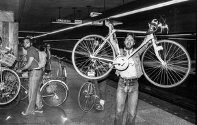 Bob Silverman, left, stands with his bicycle with other cycling activists on the Longueuil platform of the Île-Sainte-Hélène métro station (now Jean-Drapeau), circa 1978.