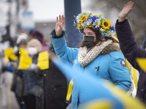 Members of Windsor's Ukrainian community hold a rally on Ottawa Street at Lanspeary Park to show support as Ukraine defends itself against a Russian invasion, on Friday, February 25, 2022.