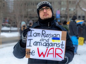 Russian Nikolay Volodin was among the hundreds who gathered at Place du Canada in Montreal on Sunday, Feb. 27, 2022 to decry the Russian invasion of Ukraine.
