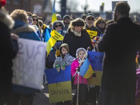Members and supporters of Windsor's Ukrainian community hold another rally on Ottawa Street, on Sunday, February 27, 2022, the fourth day since Russian invaded Ukraine.
