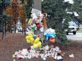 Dozens of stuffed animals and Happy Birthday messages were left on a light standard at the corner of Haig Street and Jefferson Boulevard Monday.  Kuothhorko 'Kuzi' James, 7, was struck and killed near the intersection.
