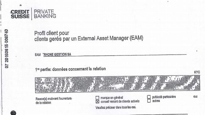 Arturo Fasana's client profile form at Credit Suisse bank when opening the Zagatka Foundation account, October 30, 2003