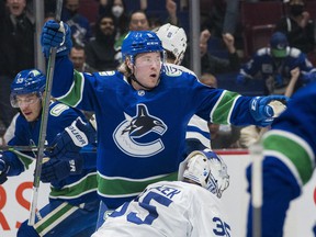 Vancouver Canucks forward Brock Boeser celebrates after scoring a goal against the Toronto Maple Leafs in the first period at Rogers Arena.