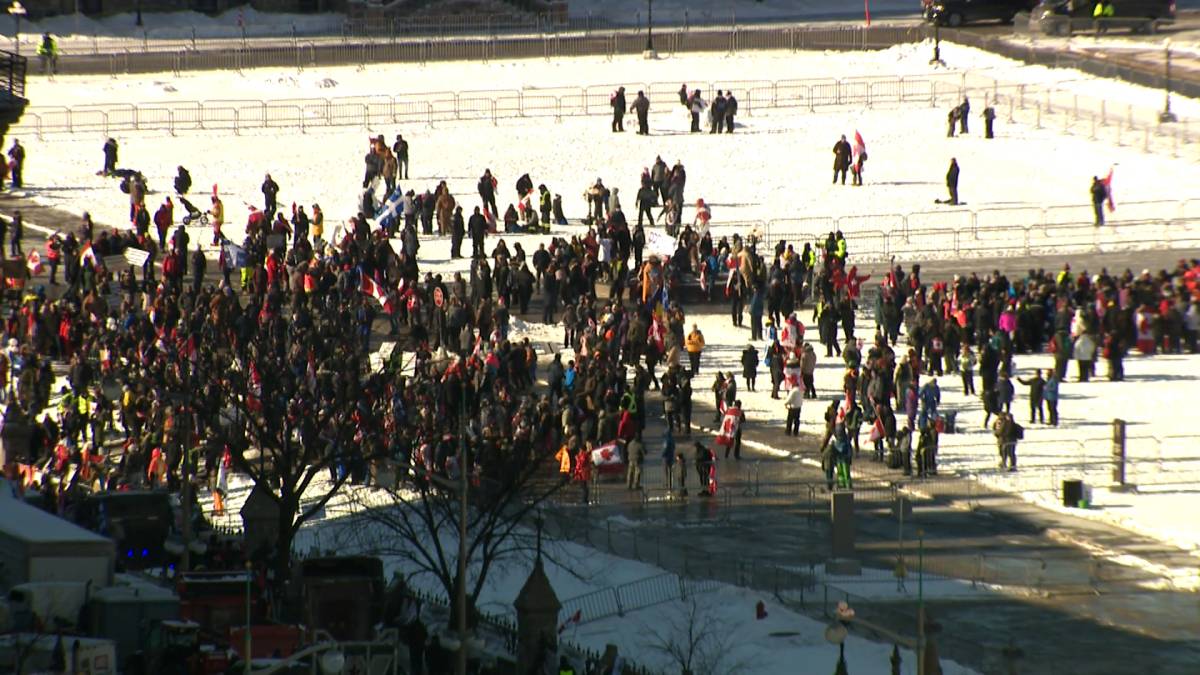 Click to play video: 'Trucker protests: Crowd gathers in Parliament Hill for second weekend of protests'