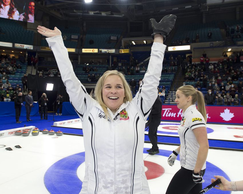 Saskatoon SK, 28 November 2021. Tim Hortons Curling Trials.  Skip Jennifer Jones after leading her team to an extra 6-5 final victory over team Fleury to capture the woman's curling trials.  Curling Canada / Michael Burns Photo