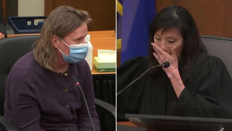 Kim Potter (L) et la juge Regina Chu (R) sont photographiées lors de la condamnation de Potter le 18 février 2022. (Crédit : Stations de télévision FOX)