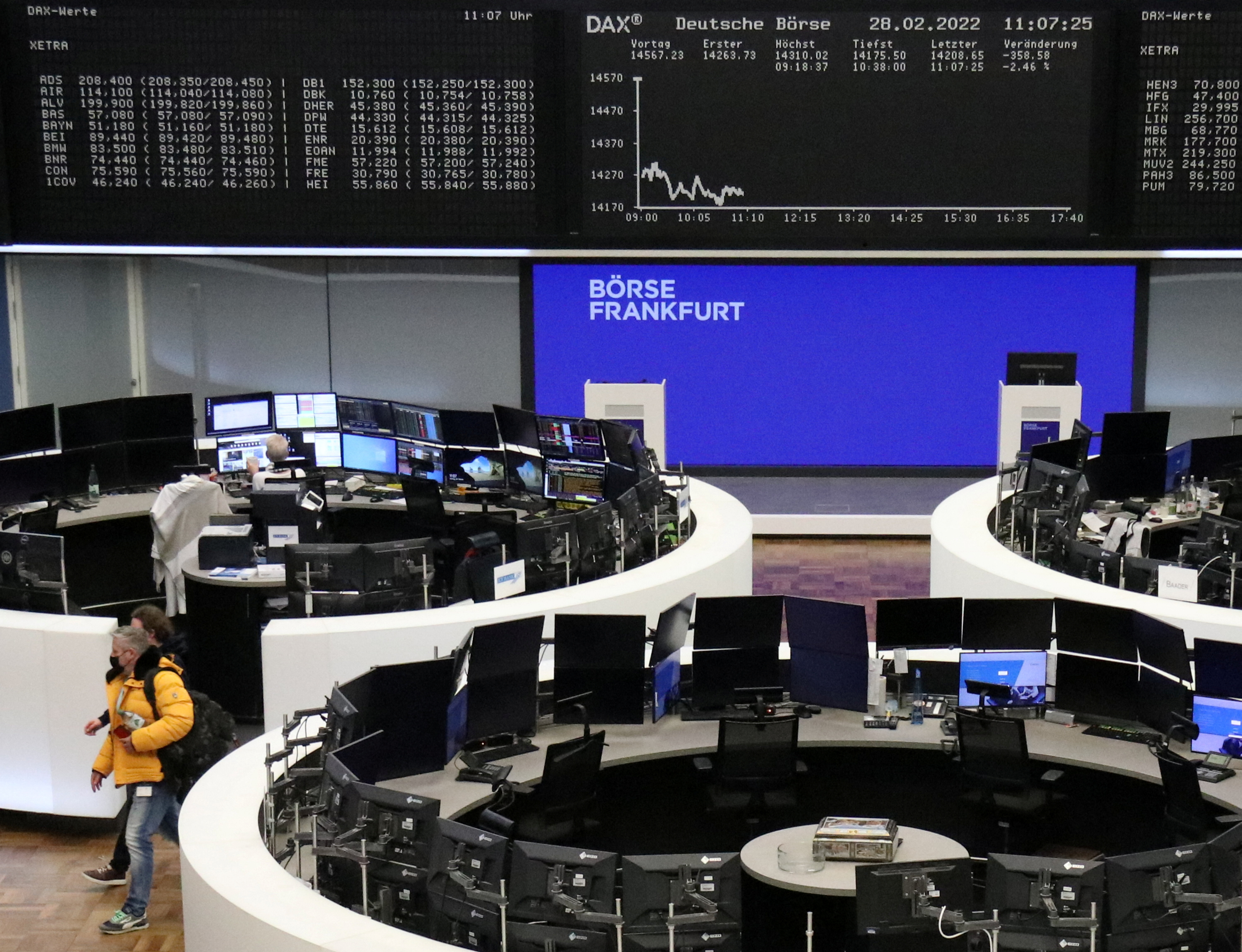 Le graphique DAX de l'indice des prix des actions allemandes est représenté à la bourse de Francfort, en Allemagne, le 28 février 2022. REUTERS/Staff