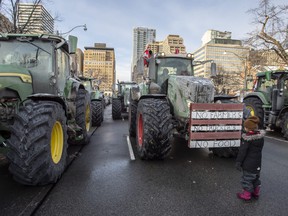 Un enfant regarde des rangées de tracteurs agricoles vendredi sur University Avenue, juste au nord de Queens Park, alors que les agriculteurs et les camionneurs protestent.