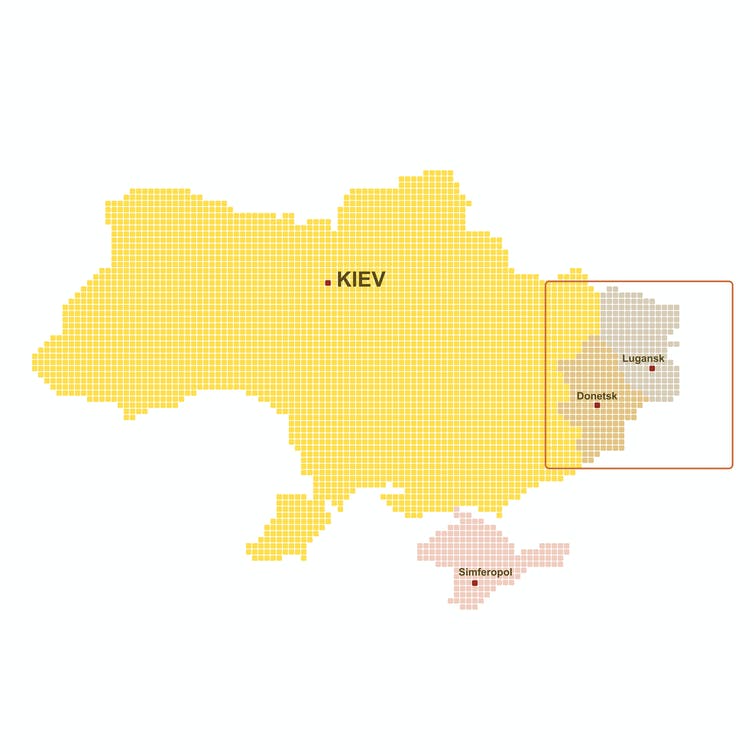 Location map showing the position of the two breakaway republics of Donetsk and Luhansk in eastern Ukraine, as well as Crimea.