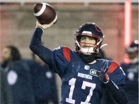 Montreal Alouettes quarterback Trevor Harris throws a pass during second half against the Saskatchewan Roughriders in Montreal on Oct. 30, 2021.