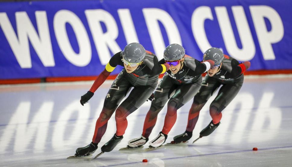 Canada's Isabelle Weidemann, from left to right, leads teammates Valerie Maltais, and Ivanie Blondin to victory during the women's team hunt at a World Cup speed skating event in Calgary on December 11th.