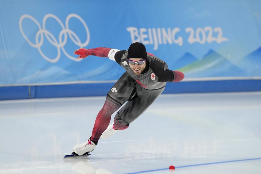 Laurent Dubreuil of Canada competes during the men's speedskating 1,000-meter finals at the 2022 Winter Olympics, Friday, Feb. 18, 2022, in Beijing.