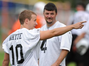 Kickers Paul McCallum and Sean Whyte at the BC Lions' practice facility in 2010.