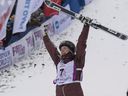 Justine Dufour-Lapointe reacts to her results in the moguls run at the freestyle ski World Cup on Saturday, Jan. 20, 2018, in Mont-Tremblant .