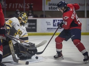 Windsor Spitfires rookie forward Chris O'Flaherty misses a chance to score against Sarnia Sting goalie Ben Gaudreau on Sunday.