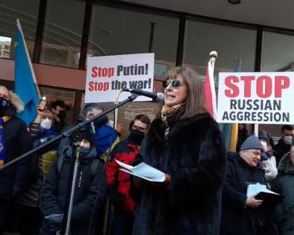 Alexandra Chyczij, president of the Ukrainian Canadian Congress's national branch speaking to rally goers.  Screenshot taken from the UCC facebook livestream.